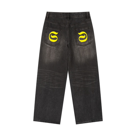 Denis jeans baggy imprimé Shwubii logo jaune - noir