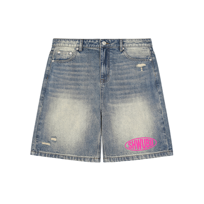 Short jeans baggy imprimé Shwubii pink et shwubii gun