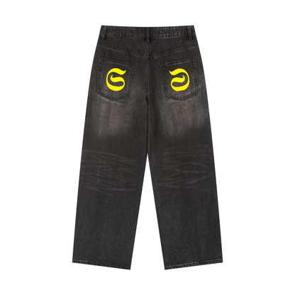 Denis jeans baggy imprimé Shwubii logo jaune - noir