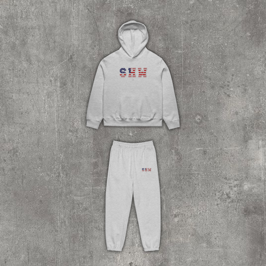 Ensemble jogging & hoodie brodé SHW flag USA - gris