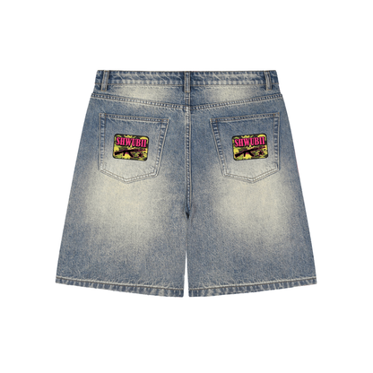 Short jeans baggy imprimé Shwubii pink et shwubii gun