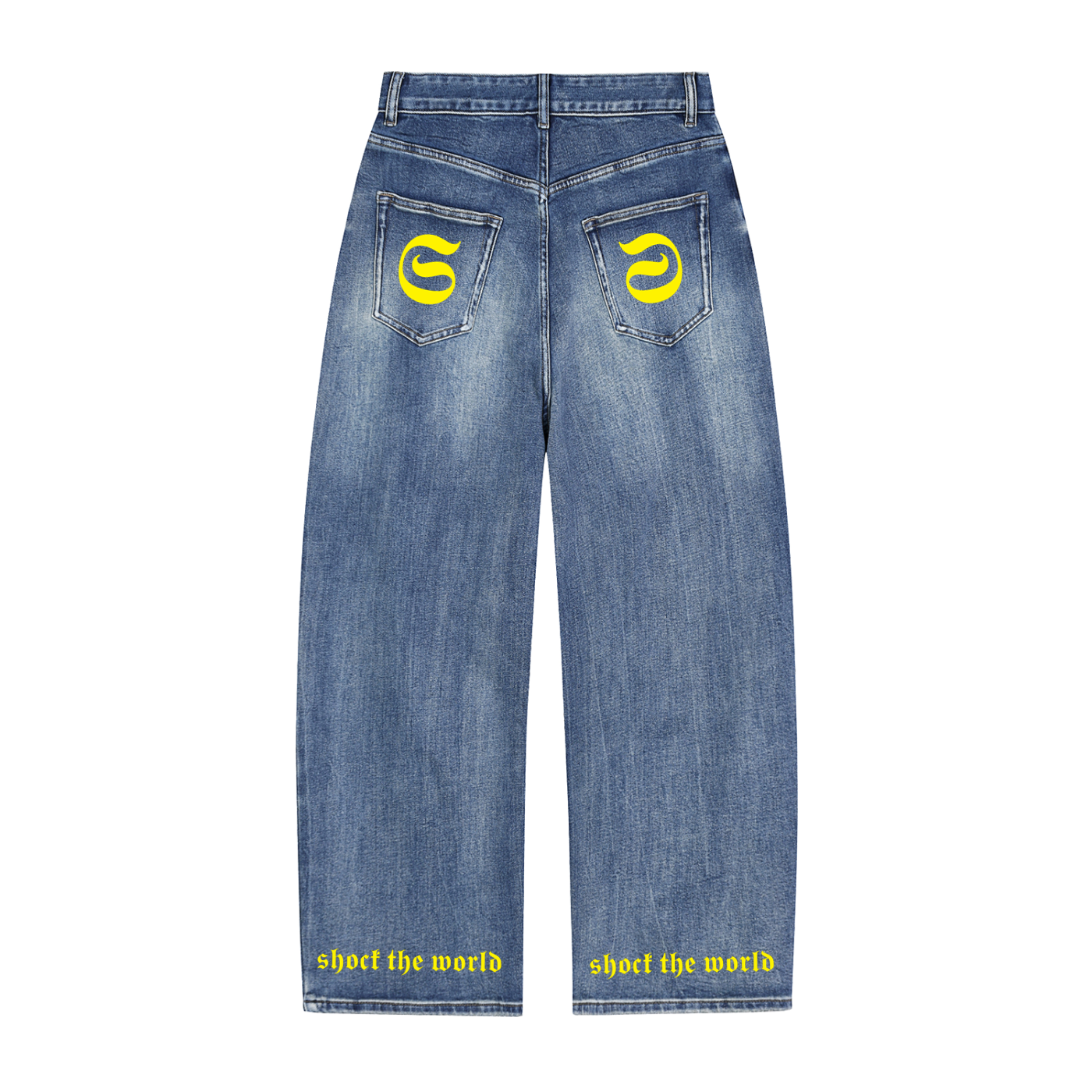 Jeans denim imprimé Shwubii shock the world - bleu