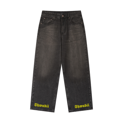 Denis jeans baggy imprimé Shwubii logo jaune - noir