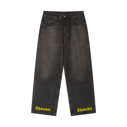 Denis jeans baggy imprimé Shwubii logo jaune - noir