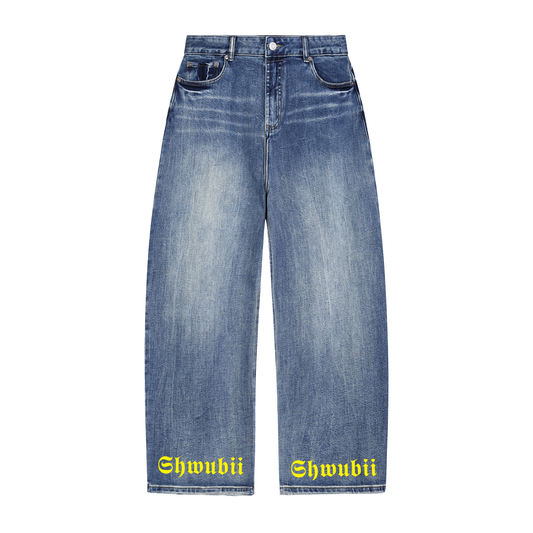 Jeans denim imprimé Shwubii shock the world - bleu